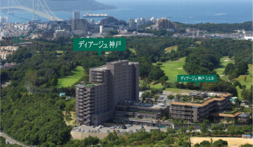 外観：ディアージュ神戸を中心に周辺環境を撮影した空撮です。